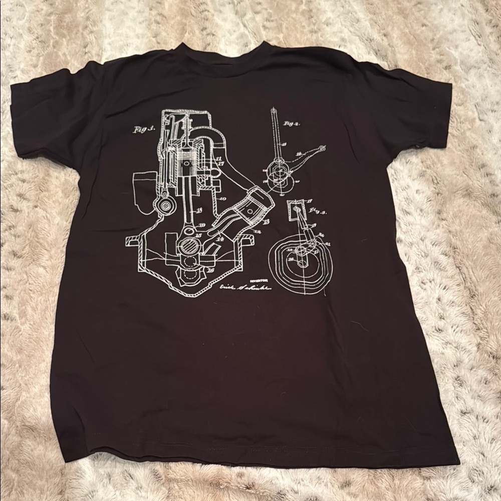 NWOT Black Car Engine Blueprint Engineering Graphic T-Shirt